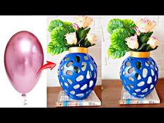 two vases with flowers in them and one has a balloon attached to the top