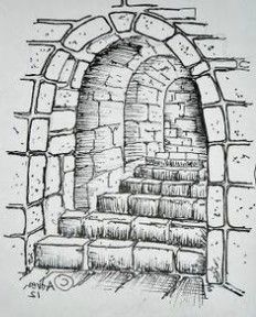 a drawing of a stone arch with steps leading up to the top and below it