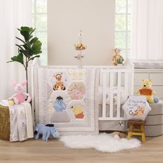 a baby crib with stuffed animals on it