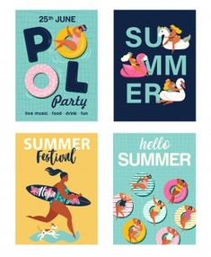 four different posters for the summer festival with people on surfboards and swimming in the water