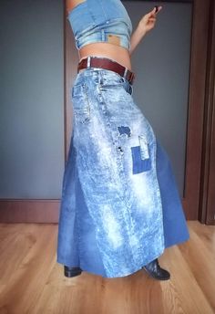 Boho Denim Skirt Patched High Waist Jeans Skirt Vintage Street Fashion Upcycled Distressed Denim Reworked Jeans Skirt Gift for Her - Etsy Denim Blue Patchwork Skirt From Recycled Denim, Patchwork Denim Skirt In Recycled Denim Blue, Recycled Denim Blue Skirt With Patchwork, Recycled Denim Patchwork Denim Skirt, Recycled Denim Patchwork Skirt, Denim Patchwork Long Skirt, High Waist Medium Wash Patchwork Skirt, High Waist Medium Wash Skirt With Patchwork, High Waist Dark Wash Patchwork Skirt