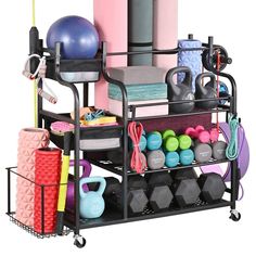 an exercise cart with various items on it and a gym ball rack in the middle