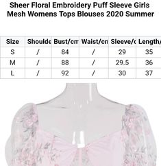 Floral women embroidery mesh puff sleeves top blouse Mesh crop top fashion top Dry flat to dry . Size Chart is included in the pictures . If your wear small the Top sizes: XSMALL:33inch / length -13.78 inches SMALL:29 -31inch / length -13.78 inches MEDUIM: 31-33.inches/ length-14.17imch inches LARGE:33-36.inches / length-14.5inche Waist: Small- 25 - 26inch Medium 28-29 inch Large-30-33inch If you wear Medium but have a bigger we breast but large use measurements. Washing care * (Recommended Hand Mesh Puff Sleeve Top, Embroidery Corset, Puff Sleeves Top, Women Embroidery, Mesh Corset, Mesh Crop Top, Streetwear Tops, Sleeves Top, Fashion Top