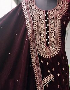 Item Overview ATHARVA Hand Embroidery Salwar Kameez Velvet/Maroon/Embroidery Neck/Velvet 4 Side Border Dupatta/Custom Stitch Unstitch/Plazzo VL032 Fabric: * Shirt - Velvet- Hand Embroidered Neck- 2.5 Mts - Beautiful Hand Embroidery * Dupatta: Embroidered Velvet Dupatta- 4 Side Border Work- 2.5 Mts- Latkans Tassels - * Bottom Velvet Silk 2.5 Mts. Excusive Hand Embroidered Party Wear Punjabi Suit. 🌷CUSTOMIZATION (No Extra Charges) * Fabrics Customization: Designs Can be made in different Fabrics. Maroon Embroidery, Patiala Salwar Kameez, Velvet Dupatta, Embroidery Dupatta, Side Border, Embroidered Velvet, Patiala Salwar, Embroidered Pants, Punjabi Suit