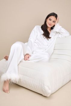 Dreamiest Delight White Satin Feather Two-Piece Pajama Set Different Bridesmaid Pajamas, Boho Wedding Pajamas, White Matching Christmas Pajamas, Mr Mrs Pajamas, Feather Bride Pajamas, Bridesmaid Pyjamas Winter, Bridal Pajamas Winter, Bridal Getting Ready Loungewear, Bridal Party Feather Pajamas