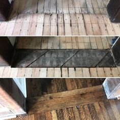 three different views of wood flooring in various stages of being sanded and stained