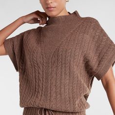 Brand New With Tags New Express Women Cable Knit Drawstring Short Sleeve Sweater Light Mocha Brown S Cozy Cable Knit Tops For Loungewear, Brown Cable Knit Sweater For Loungewear, Casual Brown Cable Knit Top, Chic Knitted Tops For Loungewear, Casual Cable Knit Tops For Loungewear, Knit Top For Loungewear, Open Weave Sweater, Capes For Women, Zippered Sweater