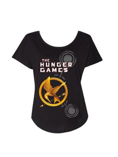 a women's black t - shirt with the words, the hunger games on it