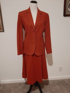 "Vintage Womens Pendleton Wool Rust Wool Skirt Suit Size L Made By Pendleton Very Good Vintage Condition.  No Rips, Tears Or Stains. Pea Sized Worn Spot On Upper Right Back Shoulder. Stored Well And Very Clean. Marked Size 14 But May Fit 12-14 Today.  Please Check Measurements 2 Piece Rust High Waist Lined Skirt Suit Fully Lined A Line Skirt With 1\" Narrow Waistband 7.5\" Rust Nylon Back Zipper Darted In Front And Back Below Knee Length Lined Blazer With 3 Buttons Front And 3 On Each Cuff 2 Fro Classic Fall Skirt Suit For Formal Occasions, Classic Skirt Suit For Fall Formal Occasions, Classic Fall Formal Skirt Suit, Classic Formal Fall Skirt Suit, Classic Skirt Suit For Formal Fall Occasions, Spring Formal Skirt Suit With Pockets, Fall Workwear Skirt Suit With Lined Skirt, Classic Spring Skirt Suit With Buttons, Classic Fitted Skirt Suit With Lined Skirt