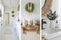 three pictures of white bathroom with wreaths on the wall