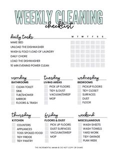 the weekly cleaning checklist is shown in black and white with green lettering on it