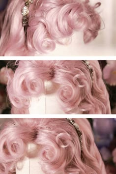 Elegant Lolita Roman Curly Wig.  This wig features a Roman curls design, with each curl meticulously crafted from individual strands of hair, varying in length to create a more layered and natural look. The side-parted curly bangs further enhance and flatter the face shape.  The price includes one wig only. Princess Penelope Wig, Victory Roll Wig, Red Peach Hair, Rose Gold Wig, Pink Hair Styles, Pretty Curly Hair, Pink Hair Wig, Victory Curls, Styling Wigs