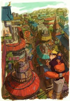 an anime scene with people and buildings in the background