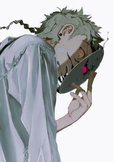 an anime character holding a plate with his face close to the camera while wearing a long white dress