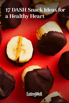 chocolate covered bananas and half eaten bananas on a red plate with text overlay that reads 17 dash snack ideas for a healthy heart