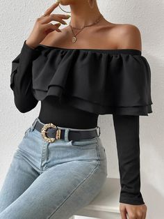 The Off Shoulder Ruffle Bodysuit is a Stunning and feminine piece featuring ruffle details, an off-the-shoulder neckline, and long sleeves. The high waistline and slim fit flatter the figure, while the slight stretch fabric provides comfort. Made from polyester and elastane composition. Specifications: Details: Ruffle Sleeve Length: Long Sleeve Neckline: Off the Shoulder Waist Line: High Waist Fabric: Slight Stretch Fit Type: Slim Fit Composition: 95% Polyester, 5% Elastane Care Instructions: Machine wash or professional dry clean Product Measurements(cm): Size US Bicep Length Bust Cuff Hip Size Length Sleeve Length Waist Size S 4 29 82 19 75 59.5 52 68 M 6 30.4 86 20 79 61 53 72 L 8/10 32.4 92 21.5 85 63 54.2 78 XL 12 34.4 98 23 91 65 55.4 84 Fall Ruffled Off-shoulder Top, Chic Solid Color Off-shoulder Top For Party, Trendy Off-shoulder Top With Ruffles And Long Sleeves, Fitted Trendy Off-shoulder Top With Ruffles, Trendy Fitted Off-shoulder Top With Ruffles, Fitted Ruffled Off-shoulder Top For Party, Fitted Off-shoulder Top With Ruffles For Party, Chic Long Sleeve Off-shoulder Top, Elegant Off-shoulder Top With Ruffles