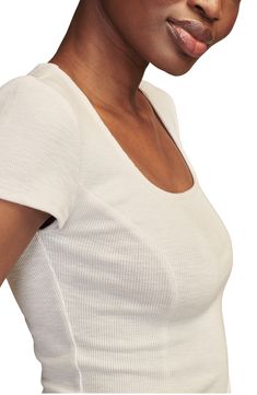 Rib stitching adds just the right amount of stretch to a fitted T-shirt in a perfectly cropped length. Square neck Short sleeves 58% cotton, 37% polyester, 5% spandex Machine wash, tumble dry Imported Sporty Fitted Top With Ribbed Neckline, Casual Fitted Ribbed Cropped T-shirt, Fitted Cotton Short Sleeve Scoop Neck Top, Fitted Cropped Tops With Ribbed Neckline, Fitted Short Sleeve Top With Ribbed Neckline For Summer, Sporty Fitted Ribbed T-shirt, Fitted Ribbed Cropped T-shirt Basic Style, Fitted Ribbed Basic Cropped T-shirt, Fitted Ribbed Cropped T-shirt