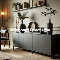 a living room with plants and vases on the sideboard next to each other