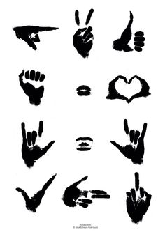 various hand gestures drawn in black ink on white paper with the words love written below them