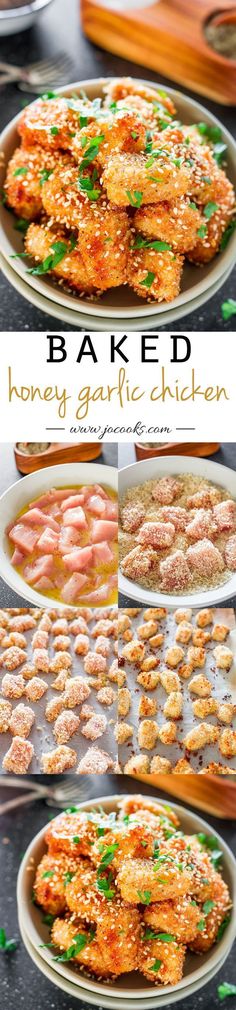 baked honey garlic chicken is shown in three different pictures and then on the same plate