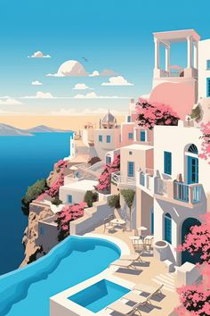 an image of a beautiful view of the ocean and buildings with pink flowers on them