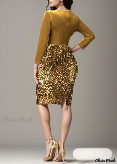 Olivia Mark - Ling Long Sleeve Sparkling Sequin Belted Package Dress, Midi Formal Dress Gold Long Sleeve Dress For Winter, Gold Long Sleeve Mini Dress For Fall, Gold Long Sleeve Winter Dress, Fitted Sequin Midi Dress For Fall, Gold Long Sleeve Bodycon Dress, Fitted Fall Midi Dress With Sequins, Gold Sequined Mini Dress For Fall, Gold Knee-length Midi Dress, Fall Sequin Midi Dress, Knee-length