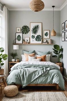 a bedroom with grey walls and lots of plants