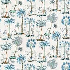 a blue and white wallpaper with palm trees