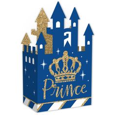 a blue and gold princess castle shaped treat box with glitter on the top that says,'prince '