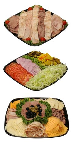 three trays filled with different types of food on top of each other, including meat and vegetables