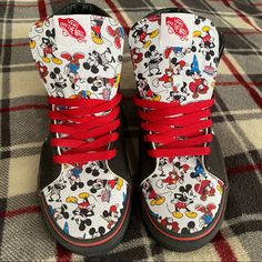 Disney Custom Mickey Mouse Vans Size Men 6 Women 7.5 High Tops Used Once, In Perfect Condition! Casual Mickey Mouse Lace-up Sneakers, Black Mickey Mouse Sneakers For Streetwear, Mickey Mouse Synthetic Sneakers For Streetwear, Mickey Mouse Streetwear Sneakers, Mickey Mouse Sporty Sneakers For Streetwear, Sporty Mickey Mouse Sneakers For Streetwear, Casual Black Sneakers With Character Print, Casual High-top Mickey Mouse Sneakers, Disney White Sneakers With Mickey Mouse Detail