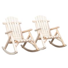 two wooden rocking chairs sitting next to each other