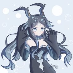 an anime character with long black hair and horns on her head, standing in front of bubbles