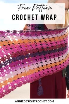 a woman wearing a crochet shawl with text overlay that says free pattern crochet wrap