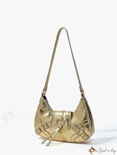 BirdinBag - Crocodile Embossed Metallic PU Hobo Bag with Studded Decor - Stylish for Everyday Use Gold Hobo Bag With Gold-tone Hardware For Daily Use, Gold Crocodile Pattern Satchel Bag, Gold Baguette Bag With Gold-tone Hardware For Daily Use, Gold Crocodile Pattern Shoulder Bag For Evening, Gold Satchel Baguette Bag For Travel, Gold Satchel Baguette Bag For Everyday, Gold Baguette Satchel Bag For Travel, Gold Baguette Bag Satchel For Travel, Gold Leather Baguette Bag With Adjustable Strap