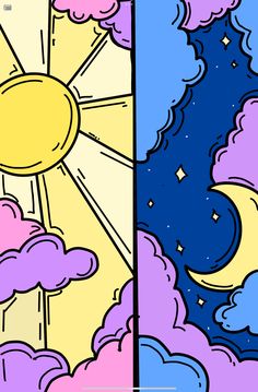 two panels with clouds and the sun in different colors, one has a yellow moon on it