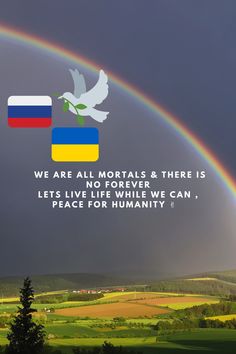 a rainbow over a field with a bird flying in front of it and the words, we are all mortars & there is no forever let's peace for humanity