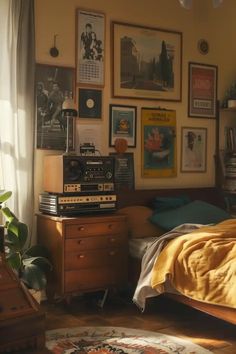 a bed room with a neatly made bed and lots of pictures on the wall