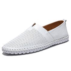 Category:Loafers  Slip-Ons; Upper Materials:Cowhide; Season:Spring,Summer; Gender:Men's; Activity:Walking; Toe Shape:Round Toe; Style:Classic,Casual; Outsole Materials:Rubber; Occasion:Outdoor,Daily; Closure Type:Loafer; Function:Breathable; Pattern:Solid Colored; Listing Date:05/16/2023; 2024 Trends:Comfort Shoes,Plus Size,Handmade Shoes; Foot Length:; Foot Width:; SizeChart1_ID:2:184042; Size chart date source:Provided by Supplier. Closed Toe Flats With Perforations For Summer, White Flat Slip-ons For Summer, Comfortable Closed Toe Moccasins For Spring, Summer Loafers With Rubber Sole And Flat Bottom, Summer Loafers With Rubber Sole, Summer Leather Slip-on Shoes With Textured Sole, Casual Leather Loafers For The Beach, Summer Loafers With Textured Sole And Round Toe, Summer Slip-on Leather Shoes With Textured Sole