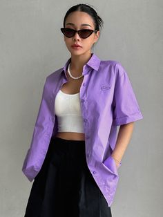 Purple Button Up, Purple Button Down Shirt Outfit, Purple Button Up Shirt Outfit, Purple Shirt Outfit Women, Purple T Shirt Outfit, Purple Tshirt Outfits, Summer Outfits Purple, Purple Shirt Outfit, Purple Shirt Outfits