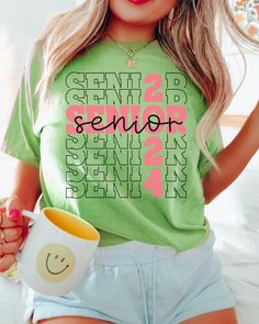 It's your last first day of school this year for every 2024 graduate! This senior 2024 graduation t-shirt has that cute groovy retro touch to it. Would make a really cute senior gift idea or a t-shirt to wear for senior portraits. Class of 2024, congrats you did it! Sizing runs true to size, but please refer to the size chart for measurements. You can size up 2xs sizes for that t-shirt dress style. This is printed directly onto the fabric so colors will be more of a 'distressed' looked. I find t Senior Year Shirts Design, School Spirit Crew Neck T-shirt For Graduation Party, School Spirit T-shirt With Graphic Print For Graduation, Casual T-shirt With Text Print For Graduation, Spring College Style T-shirt, Pre-shrunk Short Sleeve T-shirt For Graduation Party, Graduation Letter Print Crew Neck T-shirt, Letter Print T-shirt For Graduation, Crew Neck T-shirt With Graphic Print For Graduation Party