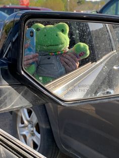 a person holding a stuffed animal in front of a rear view mirror on a car