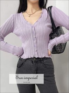 Sun-imperial Women Purple Lavender V-neck Ribbed Knit Cardigan with Ruffle Trims detail Cheap Casual Purple Cardigan, Cheap Casual Lavender Tops, Cheap Lavender Tops For Fall, Cheap Lavender Tops For Spring, Purple Cardigan Women, Affordable Lavender Casual Tops, Cheap Trendy Purple Cardigan, Affordable Purple Trendy Cardigan, Lavender Outfits