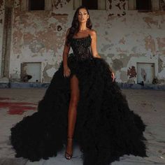 Black Beaded Long Prom Gowns With Detachable Train Sexy Split Gothic Bridal Dresses Puffy Ruffled Long Gowns, Detachable Train, Sequin Dresses, Long Prom Gowns, Prom Dress Inspiration, فستان سهرة, Glam Dresses, Long Gown, Mode Inspiration