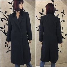 "This is a very gorgeous long wool coat. The designer of this black coat is Ferncroft and was union made. The tags don't have a size so please check all measurements with a coat you already have. There is a very nice velvet collar, three pockets, and buttons up the front. It is nice and long to keep you nice and warm. The silky fabric lining of this coat dose have a rip on the under the arm seam and there are two small holes one on the front by the buttons and one on the entire arm please see ph Long Wool Coat For Formal Occasions, Formal Long Wool Coat For Fall, Elegant Long Winter Pea Coat, Fancy Coat, Long Pea Coat, Long Peacoat, Velvet Collar, Black Wool Coat, Perfect Coat