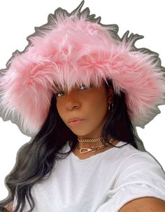 Trendy Pink Bucket Hat For Winter, Pink Wide Brim Hat For Winter, Winter Party Hats With Feathers, Pink Bucket Hat For Winter, Pink Brimmed Bucket Hat For Winter, Pink Winter Bucket Hat With Short Brim, Pink Wide Brim Cloche Hat For Winter, Trendy Pink Winter Hat, Pink Flat Brim Bucket Hat