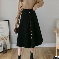 Fisdy - Coffee-colored Velvet Pleated Midi Skirt with High Waist and A-line Design Outfit Korean Style, Mini Umbrella, Umbrella Skirt, Outfit Korean, Brown Outfit, Color Cafe, Split Dress, Corduroy Skirt, Plus Size Skirts