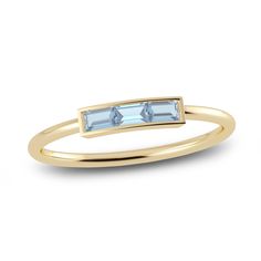 A sleek row of three baguette-cut natural aquamarine gemstones modernizes this striking bar style ring from the Juliette Maison™ collection. Fashioned in 10K yellow gold, the bezel set stones make a bold but elevated statement with its minimal design. Diamond Solitaire Earrings, Gold Book, Jared The Galleria Of Jewelry, Bar Ring, Bar Styling, Peridot Stone, Peridot Gemstone, Aquamarine Gemstone, Gold Price