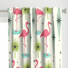 pink flamingos and palm leaves on white curtains