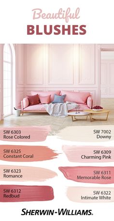 a pink couch with the words beautiful blushes on it and other furniture in different colors